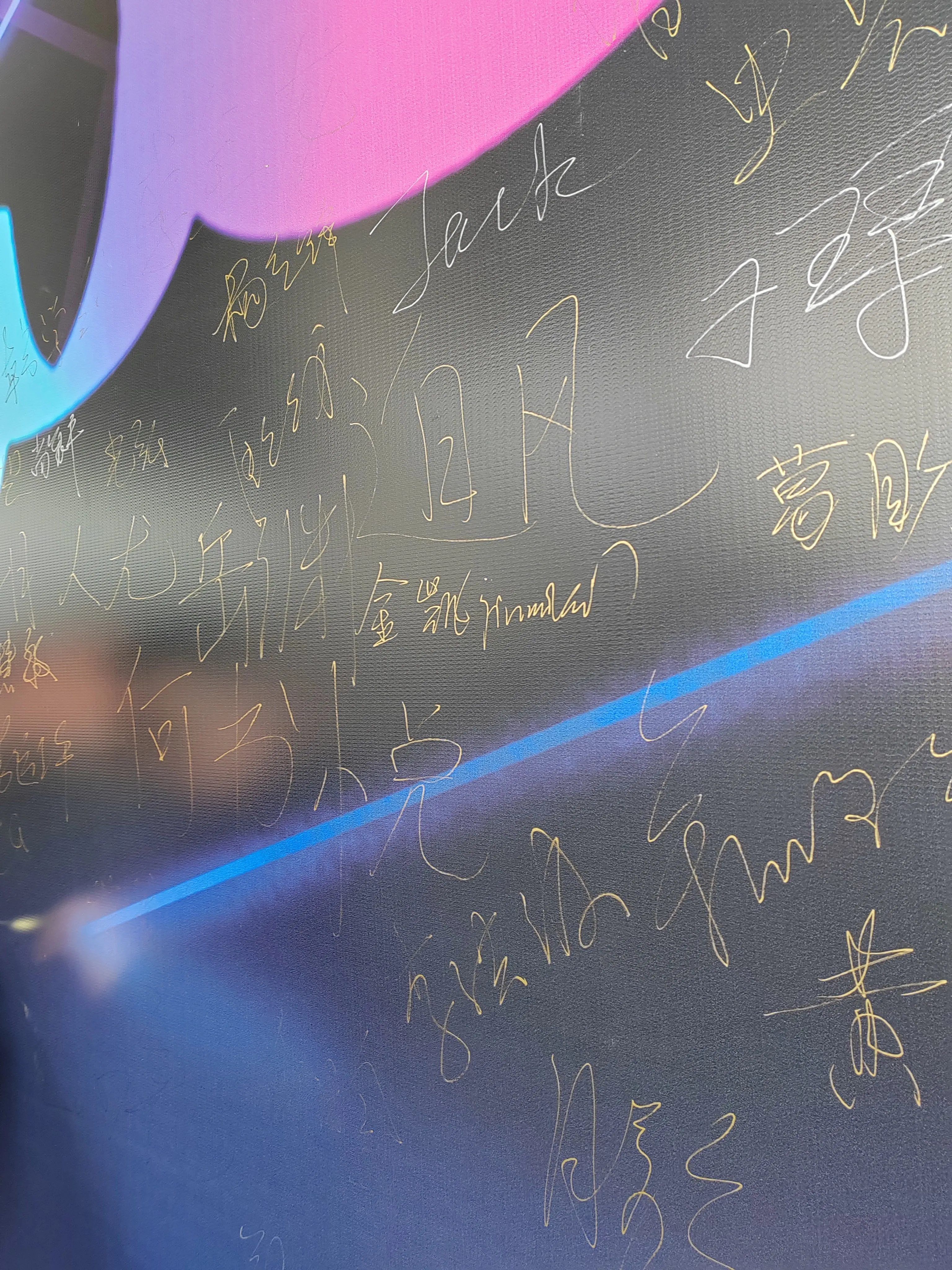 聚焦大会背景板局部，可见密集的手写签名，字迹颜色多为黄色，背景有蓝色线条装饰，突出参会者留下的签名纪念细节，签名墙中间写着"金凯(jinmokai)"