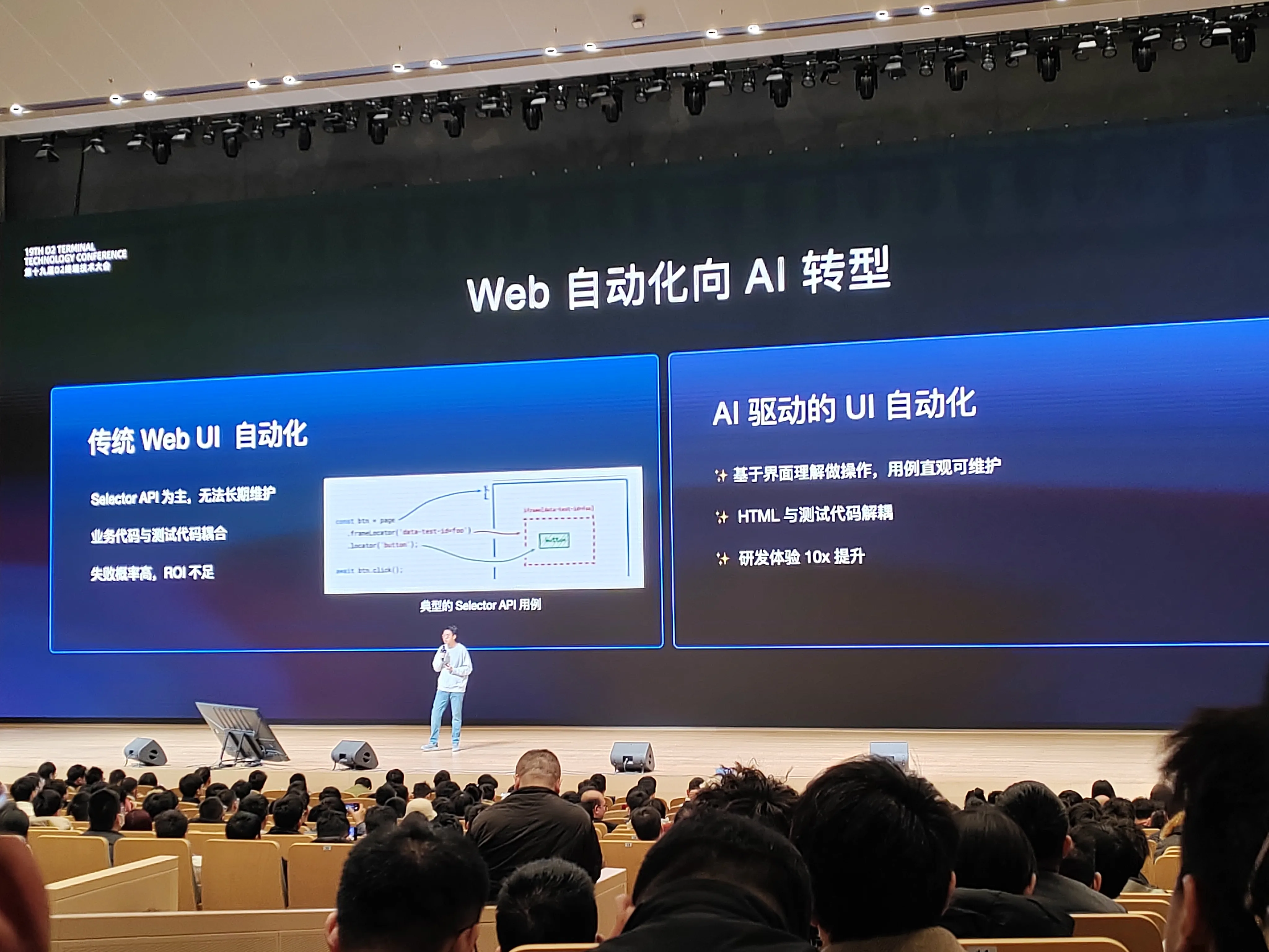 midscene.js 作者在讲解产品ai自动化，演讲主题为 “Web 自动化向 AI 转型”，背景屏左右对比 “传统 Web UI 自动化” 与 “AI 驱动的 UI 自动化” 内容，左侧标注传统方式的不足，右侧说明 AI 驱动的优势（如基于界面理解操作、研发体验提升等），演讲者站立讲解，台下观众专注聆听。