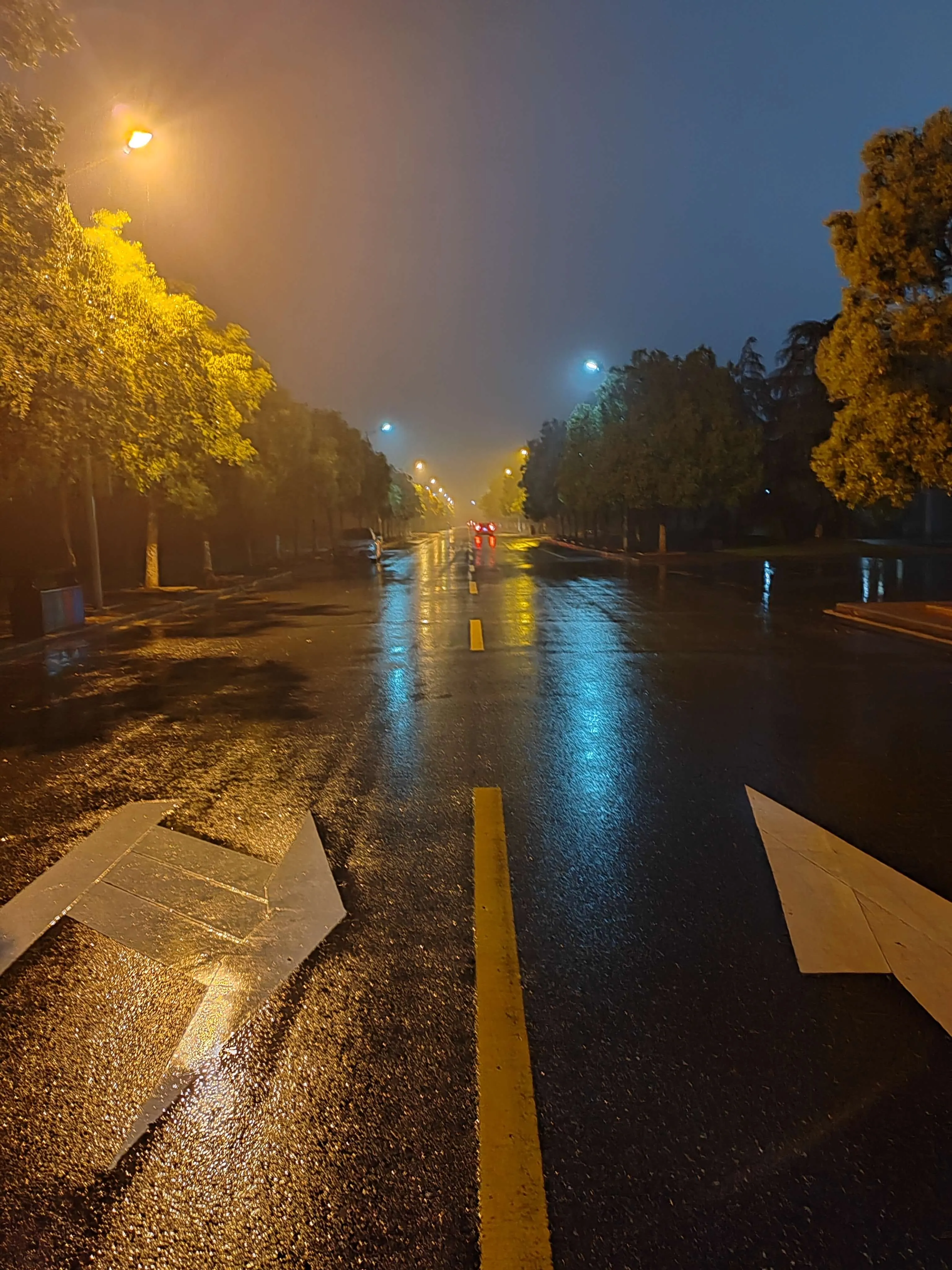 雨后的晚上,路上没人。雨夜中的柏油马路湿润反光,路面有黄色分隔线和白色导向标识。两侧路灯散发暖黄色光芒,灯光在积水中形成斑斓倒影。道路延伸向远方,隐约可见车辆尾灯,两侧树木枝叶被雨水打湿,氛围静谧而略带清冷。